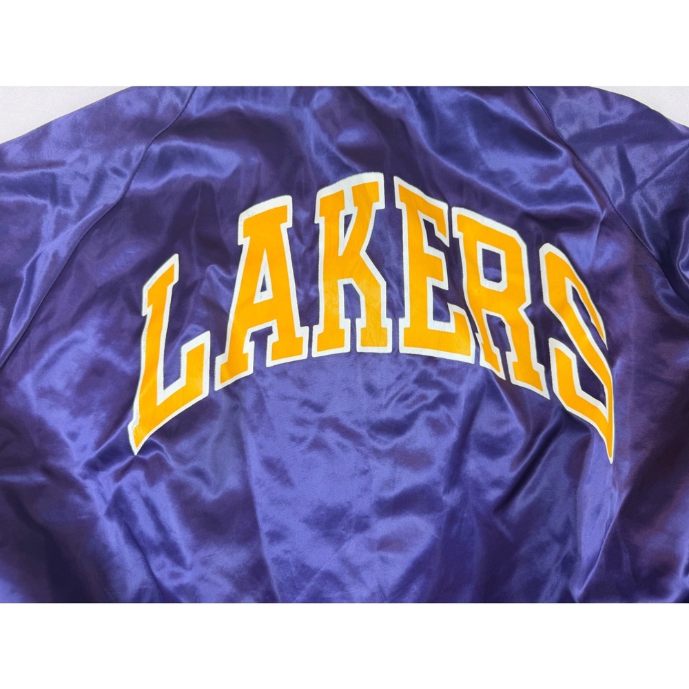 Vtg Chalk Line Los Angeles Lakers Satin Varsity Jacket Purple Sz L USA Run Small - Picture 11 of 11